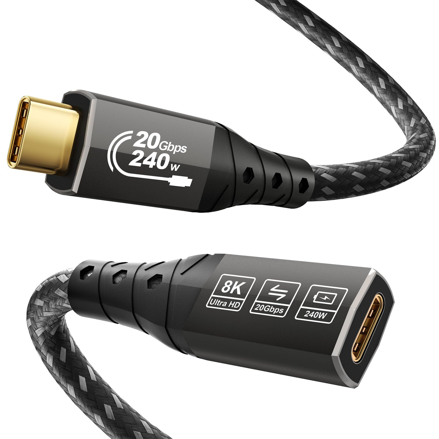 ZIKNYDO 8K USB C Extension 6.6FT (USB C Extender 20Gbps Data Transfer, Charging 240W) Video 4K@144Hz/ 60Hz USB 3.2 Type C Extension Cable for Thunderbolt 4, PSVR2, iPhone16, MacBook, Dell XPS, Switch