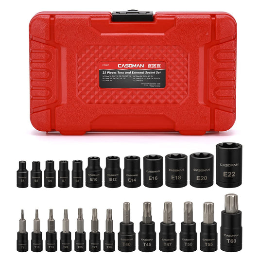 CASOMAN 25 Piece Torx Bit Socket and Female External Socket Set, 13 Star Socket Bits (T8- T60)& 12 Female E-Torx Sockets (E4-E22)