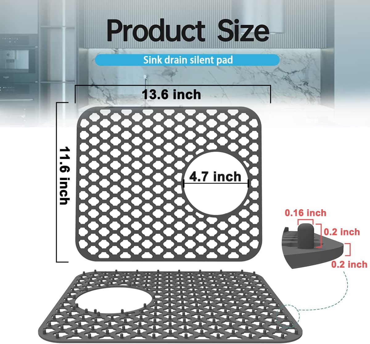 Wonninek Silicone Kitchen Sink Mat, 2 PCS Kitchen Sink Protector Grid Accessory with Rear Drain, Non-Slip Heat Resistant Sink Mats for Bottom of Farmhouse Stainless Steel Sink (Grey 13.6''x11.6'')