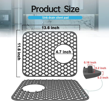 Wonninek Silicone Kitchen Sink Mat, 2 PCS Kitchen Sink Protector Grid Accessory with Rear Drain, Non-Slip Heat Resistant Sink Mats for Bottom of Farmhouse Stainless Steel Sink (Grey 13.6''x11.6'')