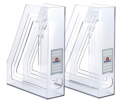 Acrimet Magazine File Holder – Vertical Rack for Documents, Folders and Mail, Durable Plastic Desk Organizer for Office & Home, Clear Crystal (2 Pack)