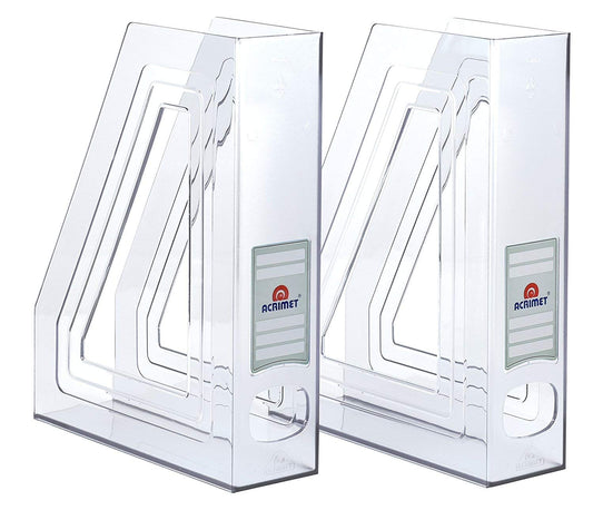 Acrimet Magazine File Holder – Vertical Rack for Documents, Folders and Mail, Durable Plastic Desk Organizer for Office & Home, Clear Crystal (2 Pack)
