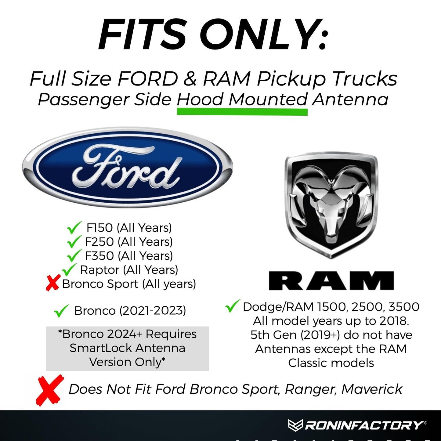 RONIN FACTORY Truck Radio Antenna for Ford F150 F250 F350 Super Duty Raptor Bronco Lightning Dodge RAM 1500 Accessories - Anti Theft - Carwash Safe - Short Antenna F150 (4 Inch)