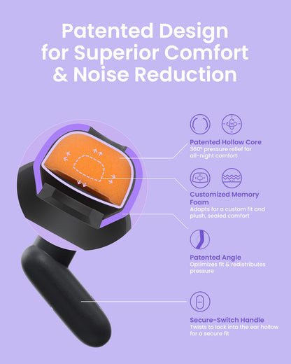 QubitPulse Dream Ear Plugs for Sleeping Ultra-Comfort, Side Sleeper Earplugs with Soft Patented Qufits Eartips, Reusable Silicone Ear plugs for Sleep, Focus, Study, 23dB Noise Reduction - Violet