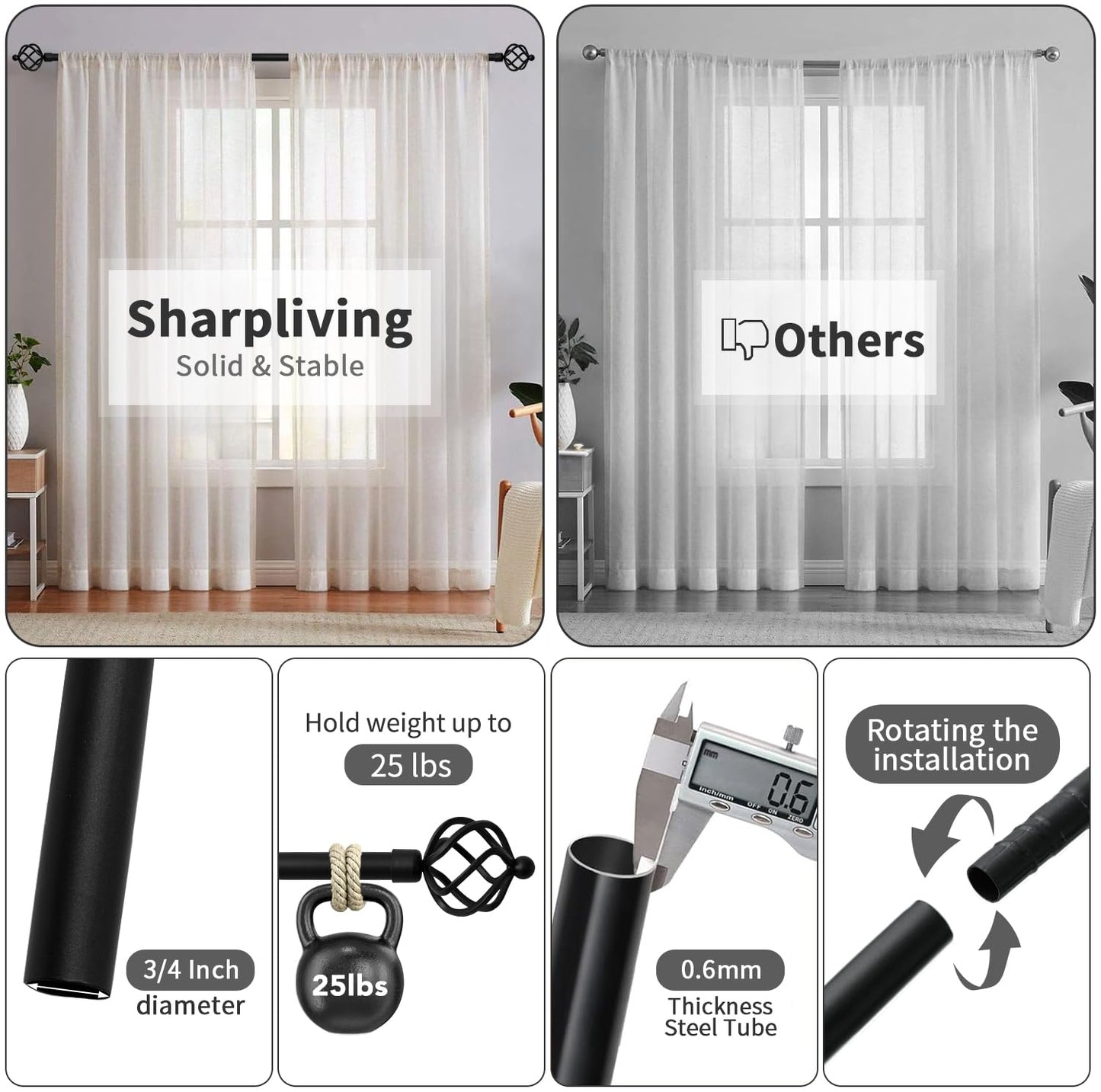 Sharpliving Matte Black Curtain Rod with Brackets 48 to 84 Inch Long, 1 Pack 3/4 Inch Diameter Adjustable Window Drape Rods with Spiral Finials for Sliding Glass Door, Bedroom, Living Room