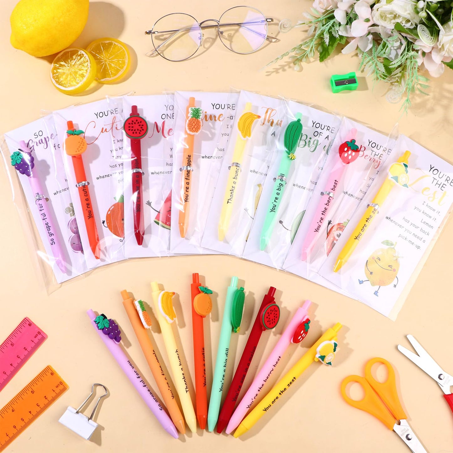 36 Sets Inspirational Fruit Pens Gifts Bulk Motivational Fruit Ballpoint Pen with Emotional Support Positive Cards Thank You Staff Gifts Employee Appreciation Gift for Coworker Team Teacher Student