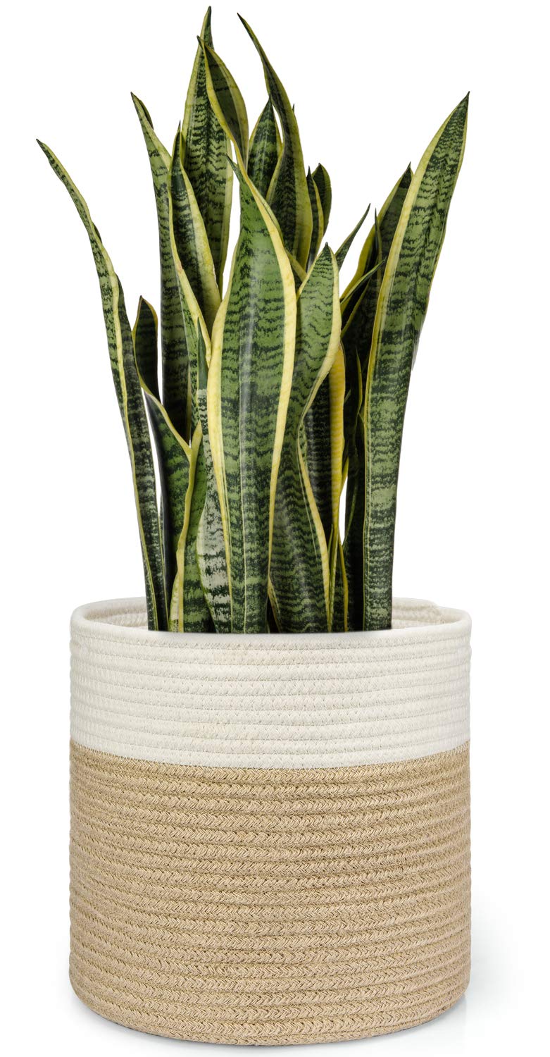 Dahey Jute Spliced Cotton Rope Plant Basket Modern Woven Storage Basket for 10" Floor Indoor Planter, Decorative Flower Pots Cover Laundry Bin with Handle Rustic Home Decor, White and Beige