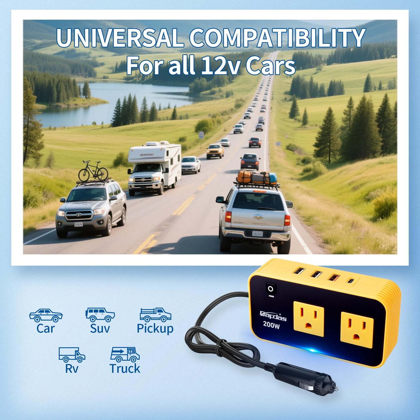 Bapdas 200W Car Power Inverter, DC 12V to 110V Car Charɡer Adapter with 20W USB-C/QC(18W)/4.8A Dual USB/Dual AC Outlet, Car Outlet Adapter Plug for Laptop