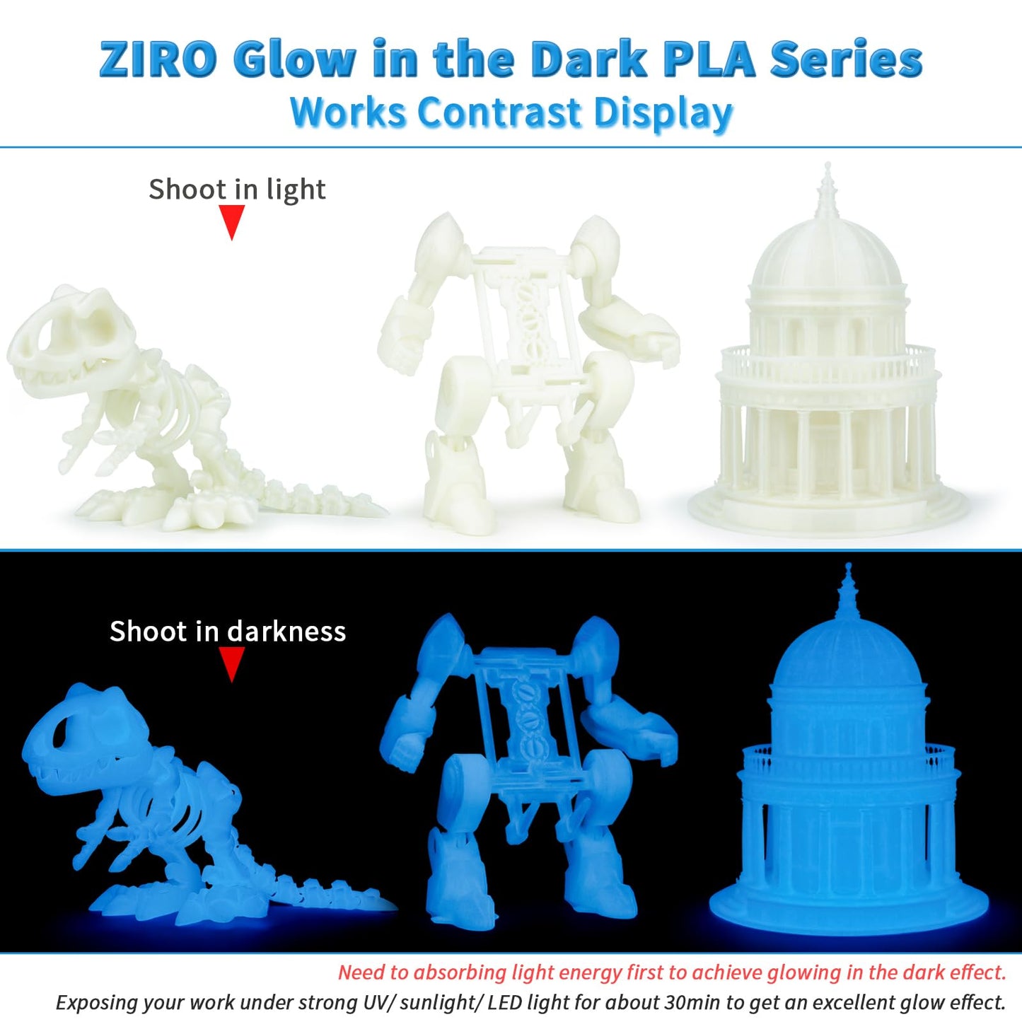 ZIRO Glow in The Dark Filament, PLA Filament 1.75mm, Luminous 3D Printer Material, Strong Glow Effect 1KG(2.2lbs) Spool, Dimensional Accuracy +/- 0.03mm, fit Most FDM 3D Printers, Blue