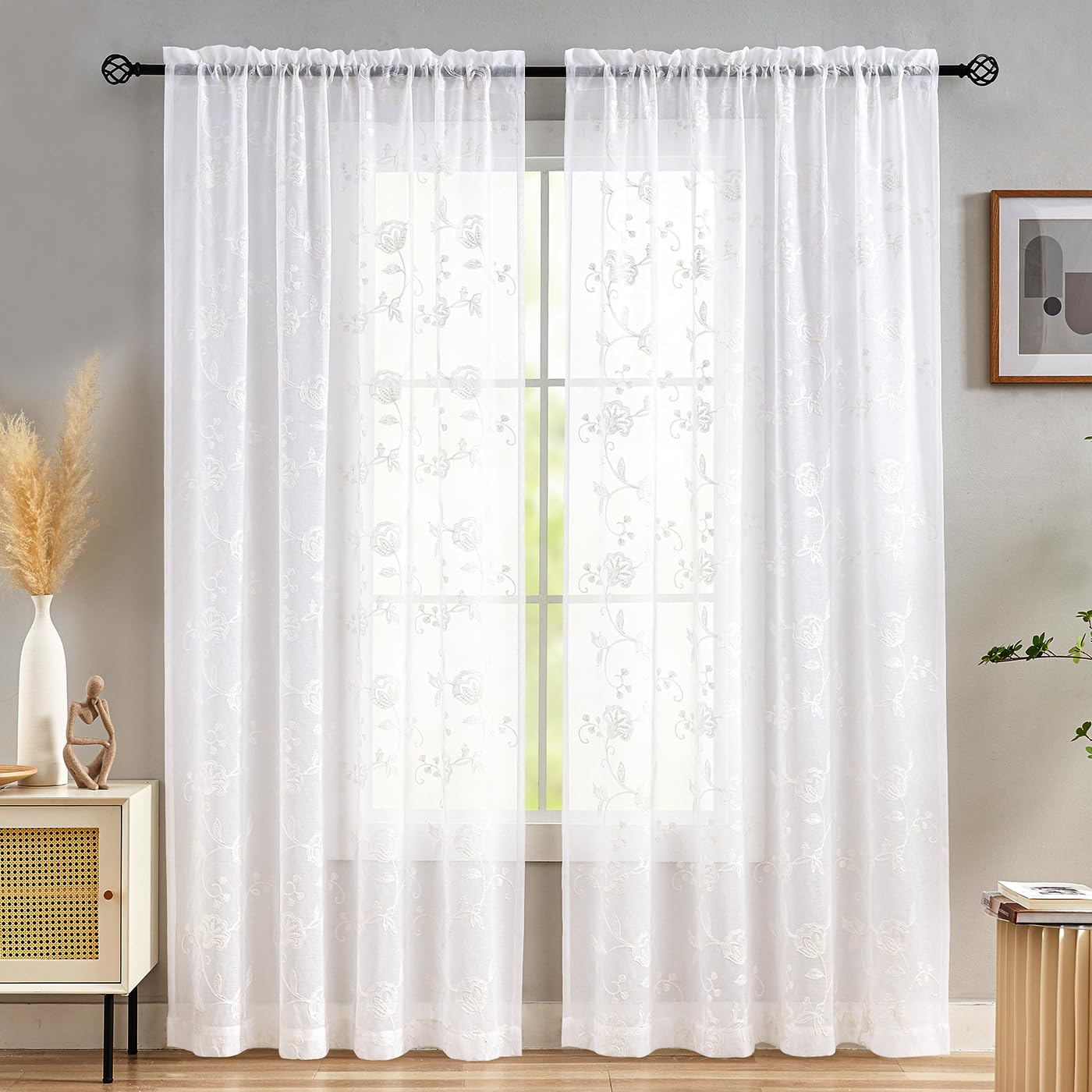 Sheer Curtains Floral Embroidery White 84 Inch Long Rod Pocket Lace Drapes for Living room, Bedroom, 2 Panels, 52"x84", Semi Voile Pattern Outdoor Window Treatment Sets for Yard, Patio, Villa, Parlor.