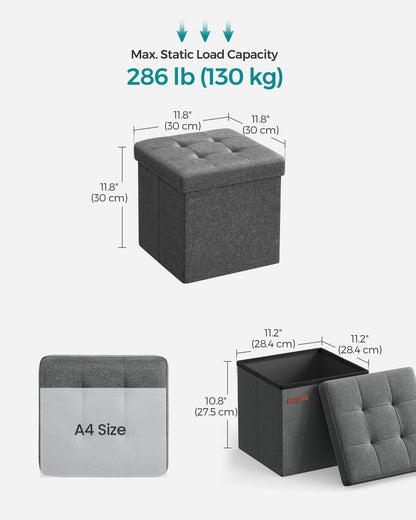 SONGMICS Folding Storage Ottoman Bench，30 x 30 x 30 cm，Ottoman Foot Rest, Storage Chest, Load 130 kg, for Living Room, Entryway, Dorm, Dark Gray ULSF028G01