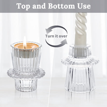 Toptime Candlestick Holders Set of 6, Ribbed Glass Taper Candle Holders, Reversible Clear Tealight & Candle Stick Candle Holder Vintage Crystal Tapered Candlestick for Wedding Dinner Party Festival