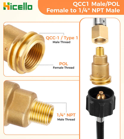 3pcs Solid Brass Replacement Propane Fittings: QCC1 Male, POL Male & Dual QCC1/POL to 1/4" NPT Male – for BBQ Grills, RVs, Camping Stoves & Heaters (Propane Use Only)