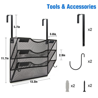 Wall File Organizer, 3 Tire Hanging File Folder Mail Organizer, Vertical Mesh Metal Door/Wall Mount Hanging File Holder, Paper Document Magazine Rack with Hooks for Home Office Black