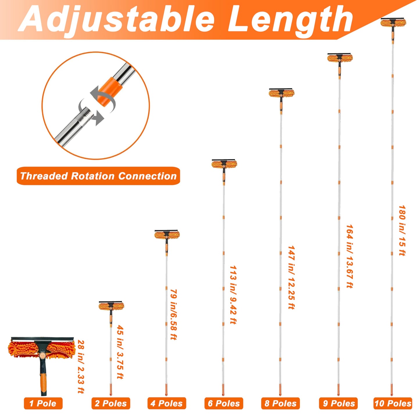 Window Cleaning Tools Window Squeegee Extendable Cleaner 2 in 1 Rotatable Double-Sided High Windows Washing Squeegee Duster with 3-14Ft Extension Poles Outdoor