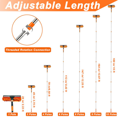 Window Cleaning Tools Window Squeegee Extendable Cleaner 2 in 1 Rotatable Double-Sided High Windows Washing Squeegee Duster with 3-14Ft Extension Poles Outdoor