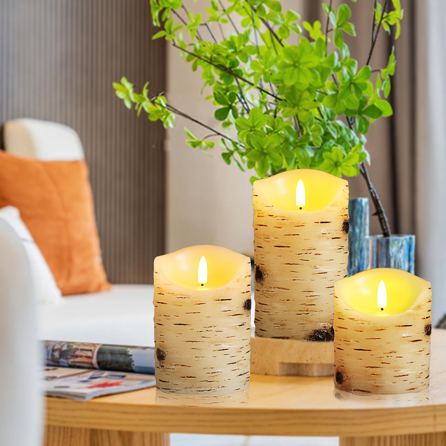 qinxiang Flameless Candles LED Candles Birch Bark Set of 3 (D 3.25" x H 4" 5" 6") Ivory Real Wax Pillar Battery Operated Candles with LED Flame 10-Key Remote Control and Cycling 24 Hours Timer