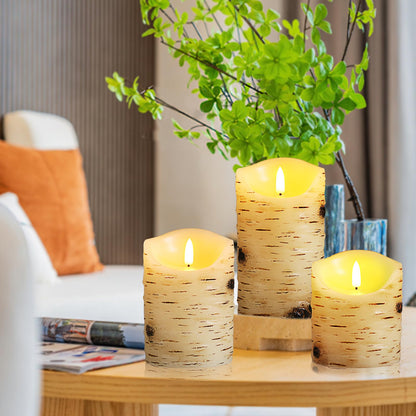 qinxiang Flameless Candles LED Candles Birch Bark Set of 3 (D 3.25" x H 4" 5" 6") Ivory Real Wax Pillar Battery Operated Candles with LED Flame 10-Key Remote Control and Cycling 24 Hours Timer
