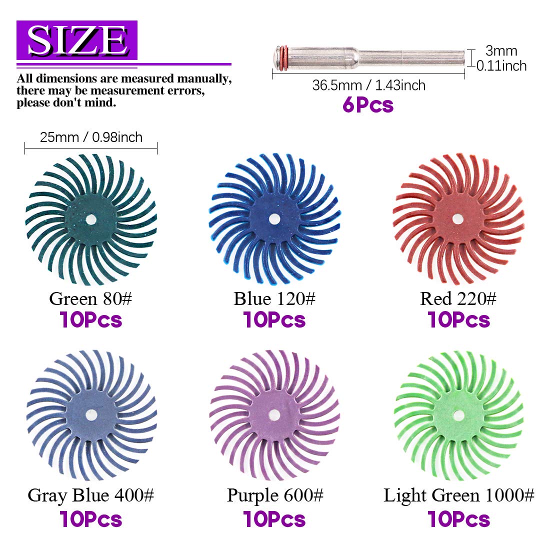Swpeet 66Pcs 1 Inch 6 Mixed Grit 80/120/220/400/600/1000 Radial Bristle Disc Abrasive Brush Gap Polishing Pad Buffing Wheel Assortment Kit with 1/8" Shank for Rotary Tools Cleaning Finishing Deburring