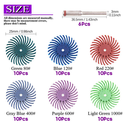 Swpeet 66Pcs 1 Inch 6 Mixed Grit 80/120/220/400/600/1000 Radial Bristle Disc Abrasive Brush Gap Polishing Pad Buffing Wheel Assortment Kit with 1/8" Shank for Rotary Tools Cleaning Finishing Deburring
