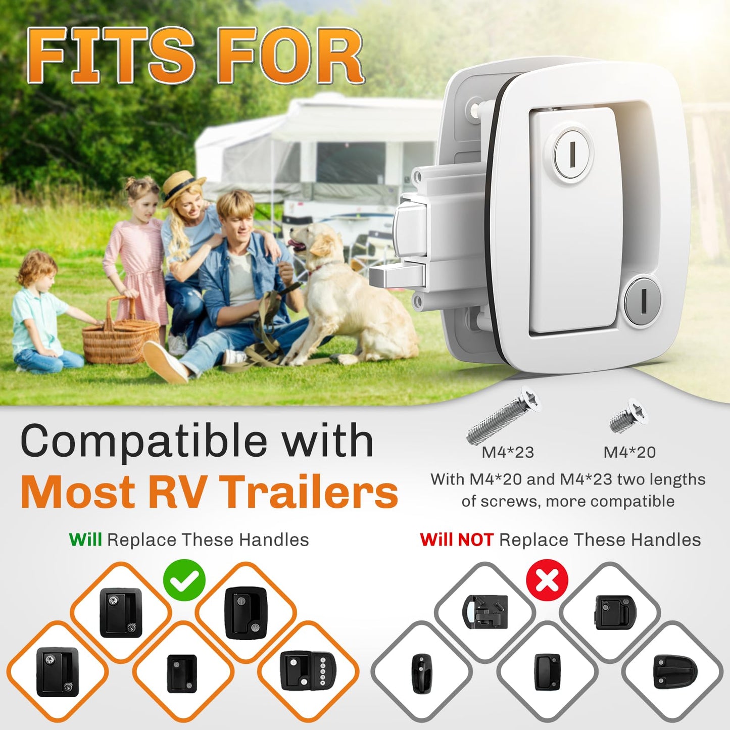 WELLUCK RV Door Lock Replacement with Paddle Deadbolt, 100% Metal Camper Door Latch Handle Lock, RV Entry Door Lock for Camper Horse Travel Trailer Cargo Hauler, Black, Not Key Alike White