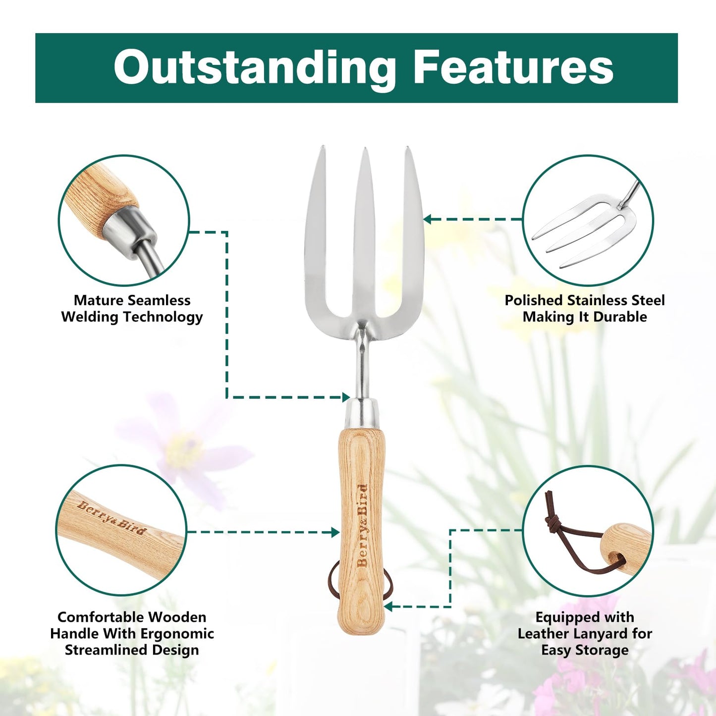 Berry&Bird Gardening Hand Fork, Stainless Steel Hand Weed Fork, Traditional Garden Hand Fork Tool with Ergonomic Ash Wood Handle for Weeding, Digging, Planting and Cultivating