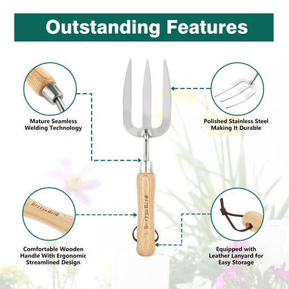 Berry&Bird Gardening Hand Fork, Stainless Steel Hand Weed Fork, Traditional Garden Hand Fork Tool with Ergonomic Ash Wood Handle for Weeding, Digging, Planting and Cultivating