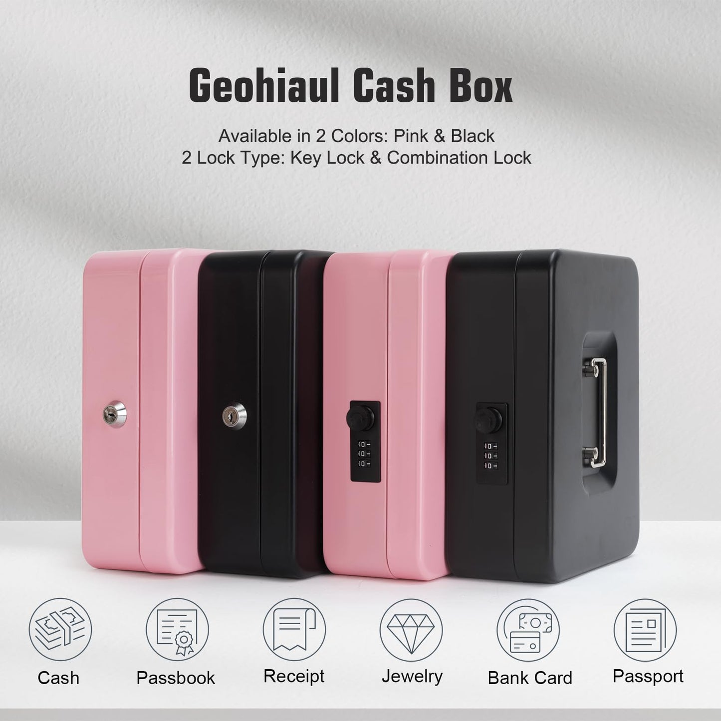 Cash Box with Money Tray and Lock, Large Metal Lock Box for Money Safe 9.84 x 7.87 x 3.54 Inches - Black