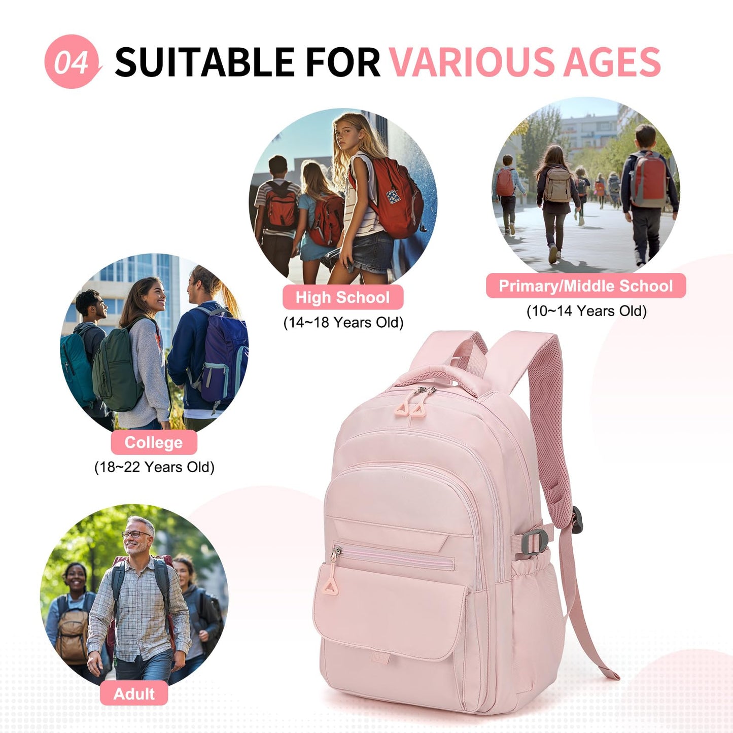 SUIKIHUM Aesthetic Daypack Backpack, Water-Resistant 15.6" Laptop Backpack for Women and Men, Featuring Touch-Fastener and Anti-Theft Pockets (Pink)