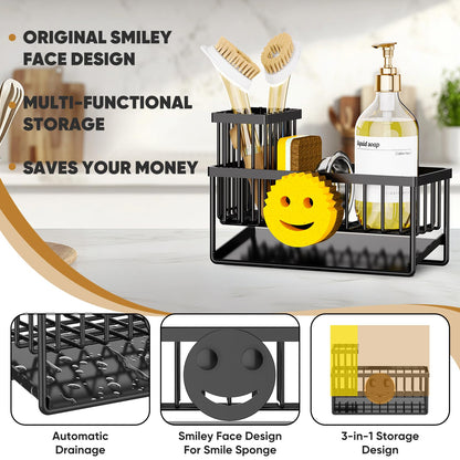 Sponge Holder for Kitchen Sink,Smiley Face Sink Caddy with Removable Brush Holder,Self-Draining Sponge Caddy for Soap,Dish Brush,Scrubber,Kitchen Essentials and Gadgets Essentials and Gadgets