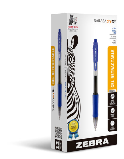 Zebra Pen SARASA Dry X20 Retractable Gel Pens, 0.7mm Medium Point, Blue Ink with Rapid Fast Dry Ink Technology, Ideal for the Left Handed, Elimates Smudging and Smearing in Seconds, 12-Pack (46820)
