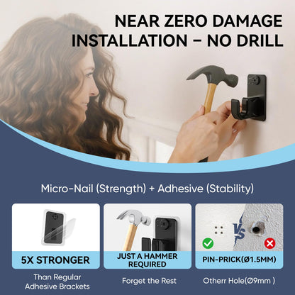 TRAROD No-Drill Curtain Rod for Windows 48 to 84 Inch - 2.0 Dual with Adhesive & Pin-Nail Mount System, 5/8" Diameter Renter Friendly & Minimal Wall Damage, Black Adjustable Drapery Rod