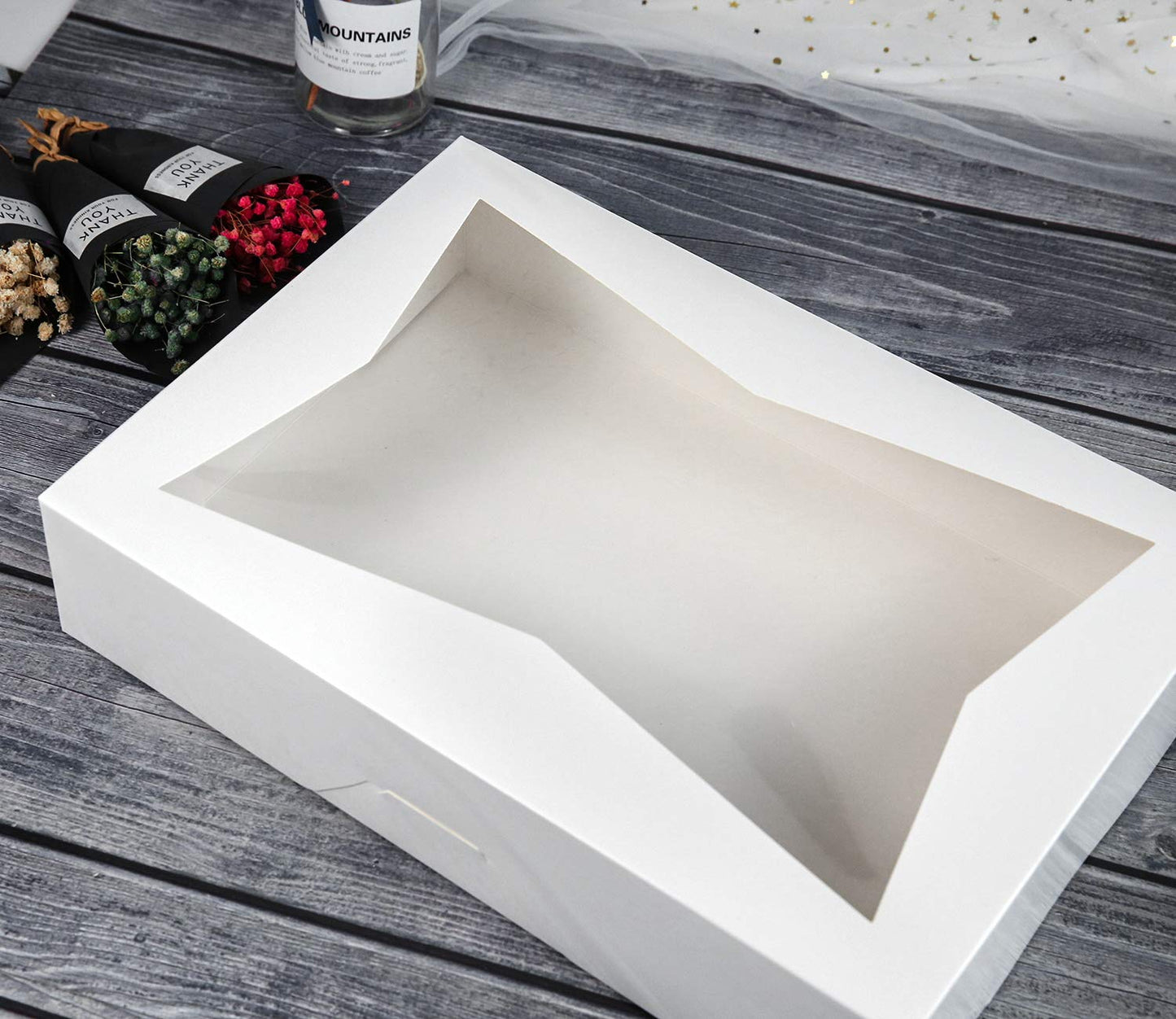 15-Pack Cookie Pastry Boxes 14 x10 x 3inch,White Large Bakery Box Container with PVC Windows for Pie and Donut Box Paperboard Lock Corner,Pack of 15