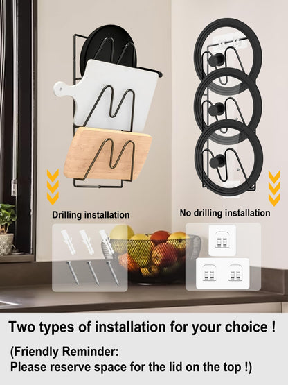 2 Pack Pot Lid Organizer Rack, 6-Tier V-Wall Pot Lid Holder, No Drilling Adhesive Cabinet Door/Wall Mounted Pot Cover Rack, Kitchen Shelf for Pots and Pans (Black)