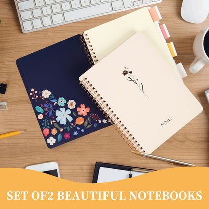 Aesthetic Spiral Notebook Set of 2 For Women - Artistic flower 6.5" x 8.4" College Ruled Notebook With Large Pockets And Lined Pages -Boost Productivity at Work or School