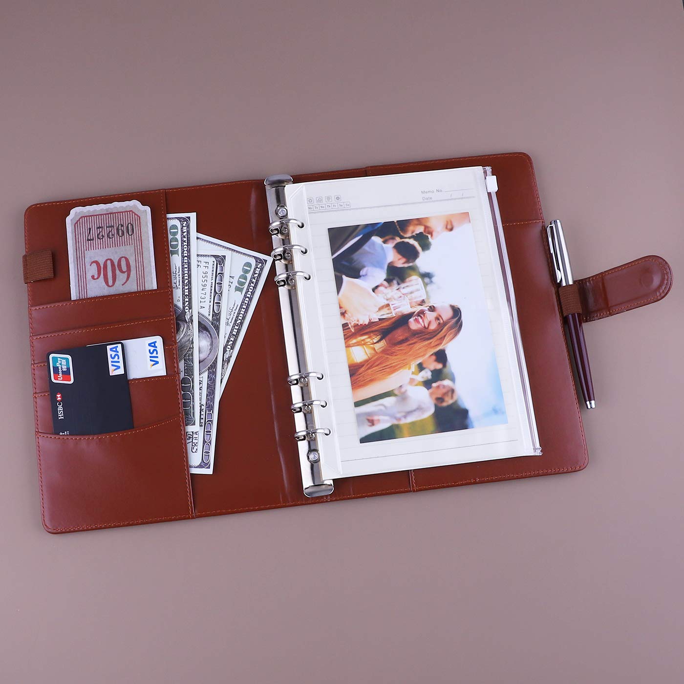 Antner A5 Binder 6 Ring Refillable Notebook Planner Cover for A5 Refill Paper, PU Leather Small Binder Budget Planner Photocard Holder Loose Leaf Personal Organizer with Magnetic Buckle, Brown