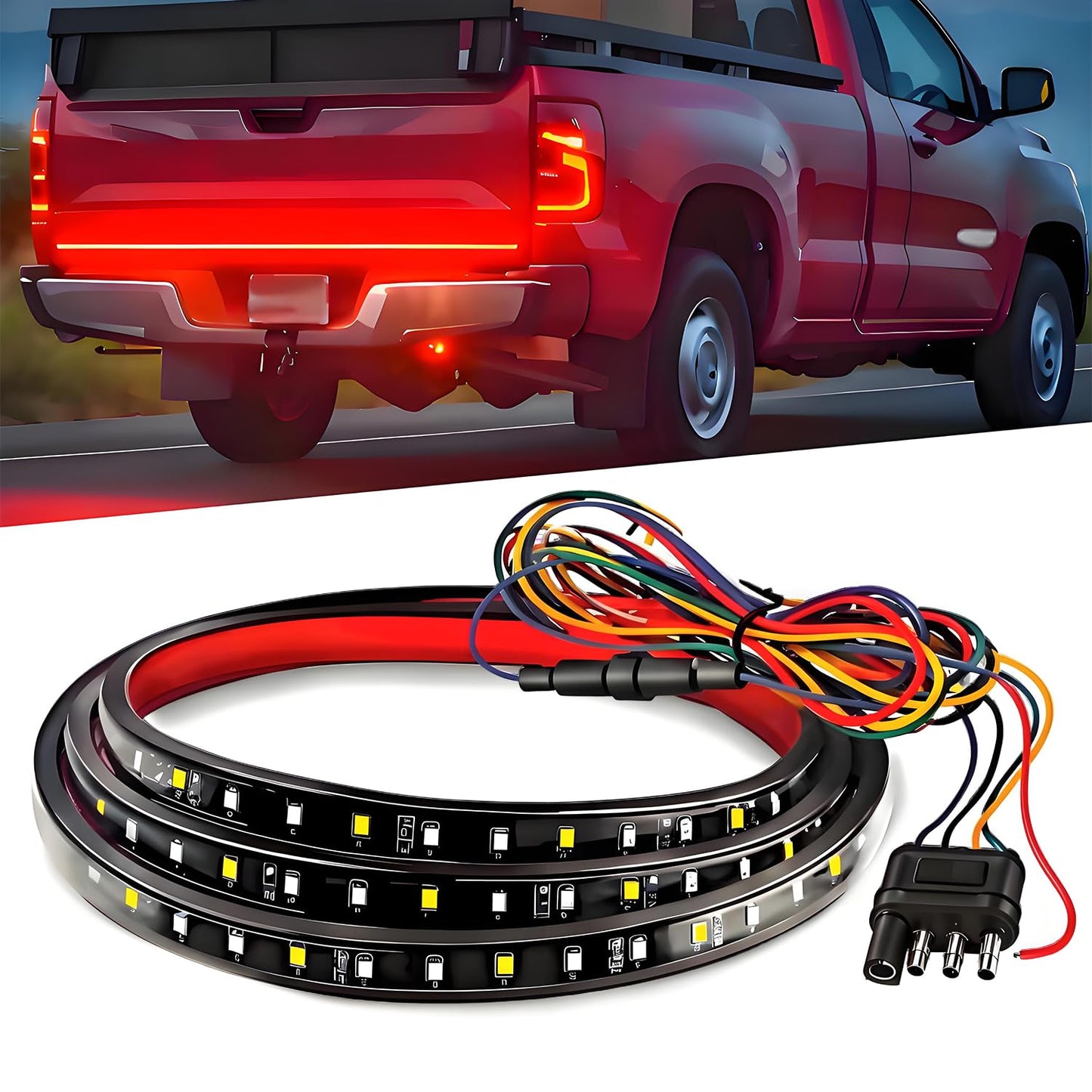 48/49inch LED Truck Tailgate Light Strip 1.2M 5 Function Red/White for Tail Running Brake Light Turn Signal Emergency Warning Reverse Light for Pickup SUV Trailer Cargo