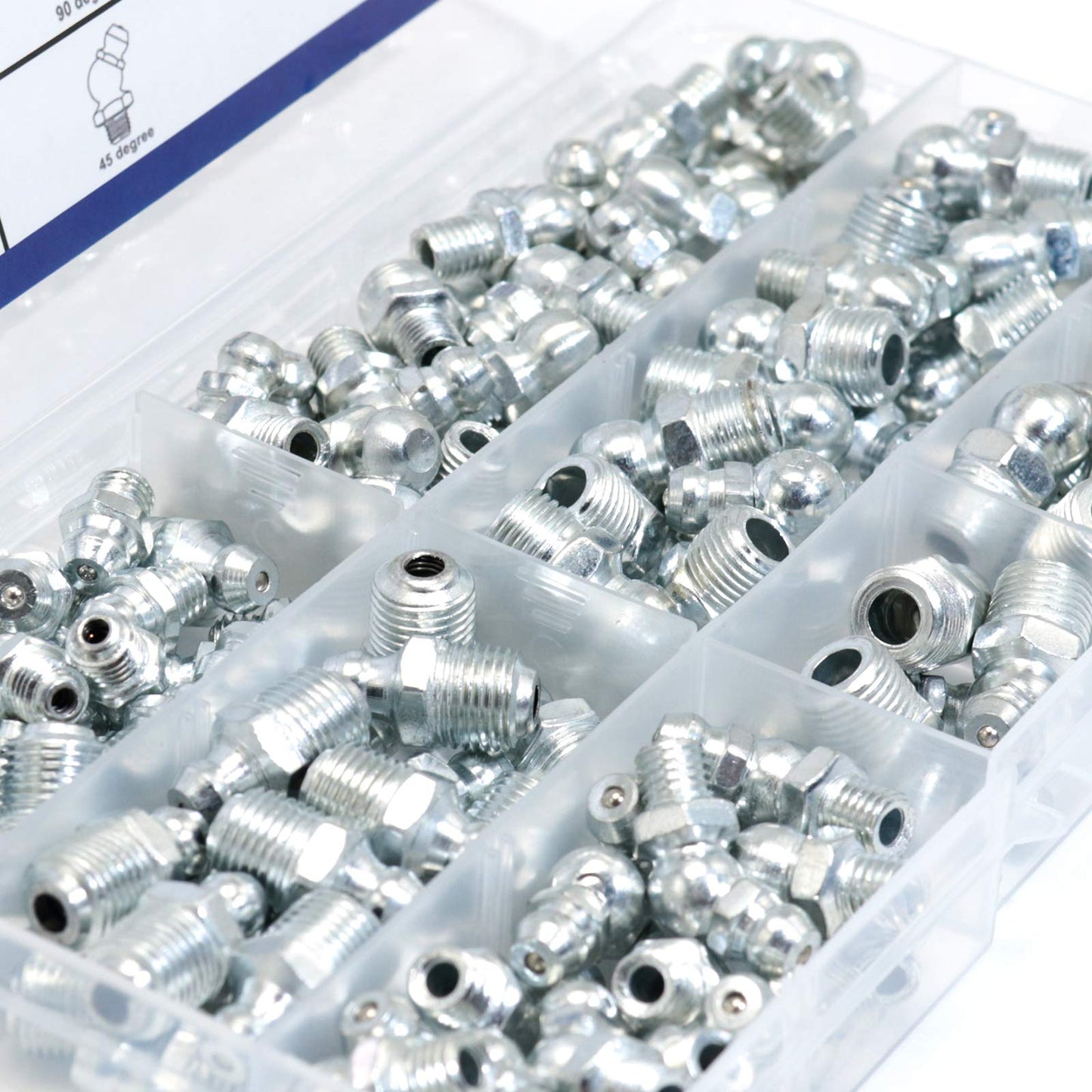 Boeray Hydraulic Grease Fitting SAE Standard 120pcs Assortment Kits - 1/4"-28 1/8"-28 Straight and 90 Degree and 45 Degree Steel Zerk Grease Nipple Fitting