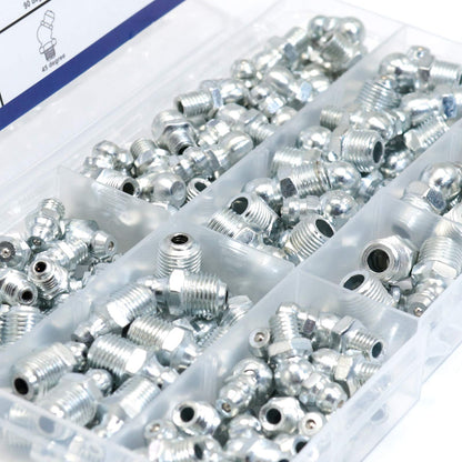 Boeray Hydraulic Grease Fitting SAE Standard 120pcs Assortment Kits - 1/4"-28 1/8"-28 Straight and 90 Degree and 45 Degree Steel Zerk Grease Nipple Fitting