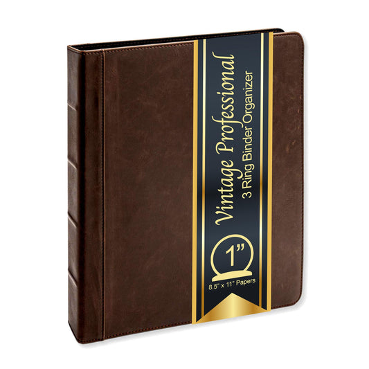 Vintage Professional 3 Ring Binder Organizer, 1-inch Round Rings, 8.5" x 11" Sheet Size, 2 Inner Pockets, 1.6" Spine, Appearance of Antique Brown Leather