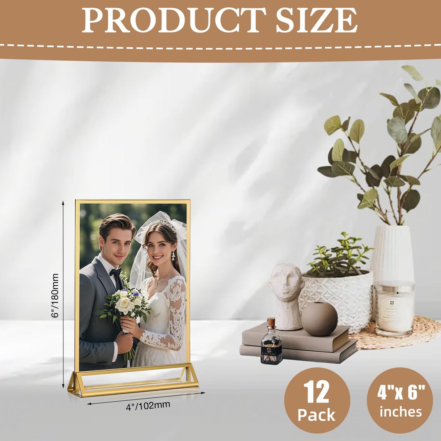 RUITENG 12 Pack Acrylic Sign Holder, 4x6 Clear Gold Frame Display Stand, Double Sided Picture Menu Flyer Holders, Wedding Table Number Frames for Cards Photo Party Decoration (4" x 6")