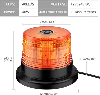 Justech 40LED Flashing Beacon LED Strobe Light Emergency Warning Strobe Light Magnetic Amber Strobe Lights 7 Flash Modes for Vehicle Forklift Truck Vehicle Tractor Bus