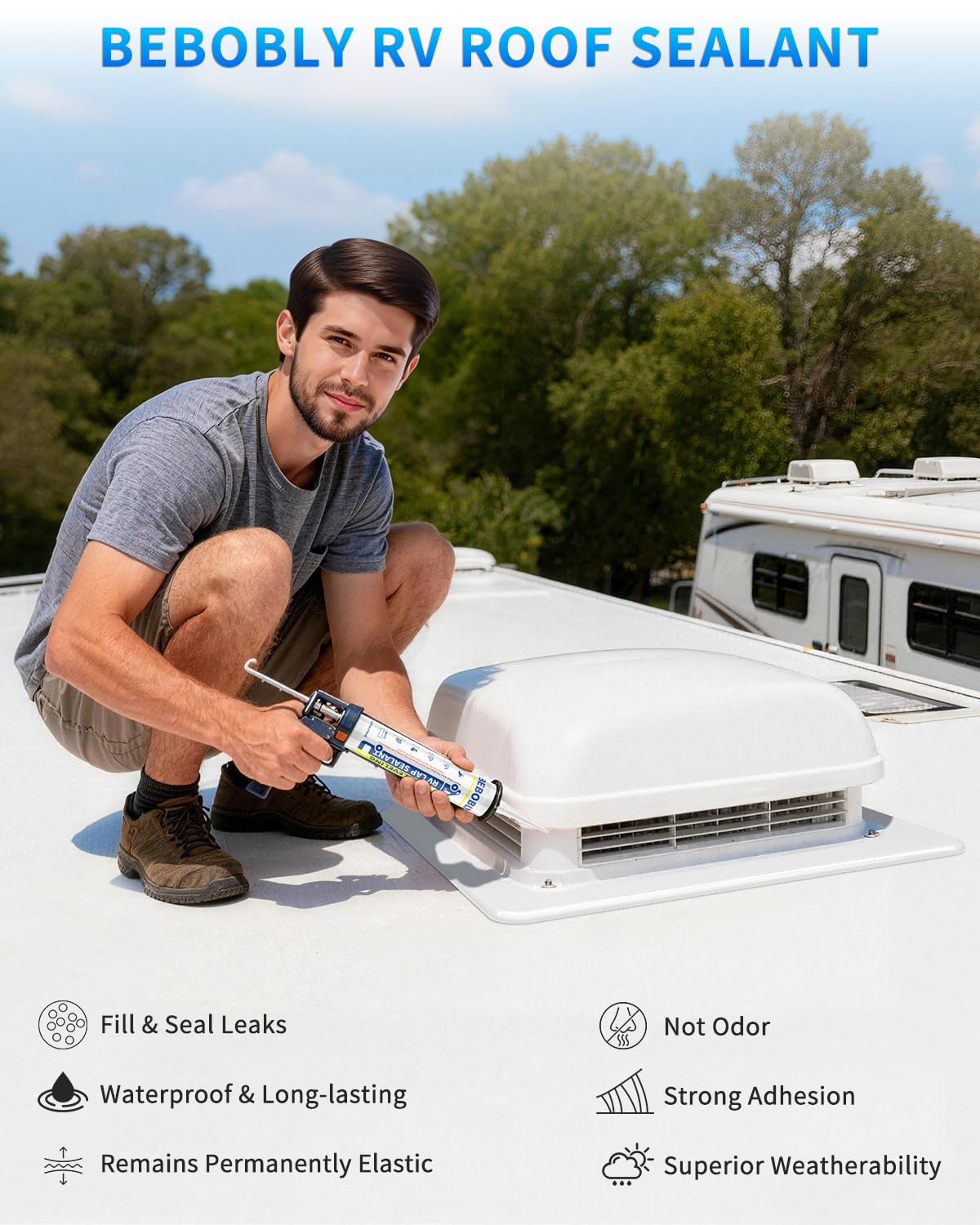 BEBOBLY RV Roof Sealant, Self Leveling Lap Caulk White, RV Caulking Waterproof, Flexible & Non-Cracking, RV Lap Sealant for Camper, Trailer & Motorhome Roof Repair, Secure Odorless, 2 Pack
