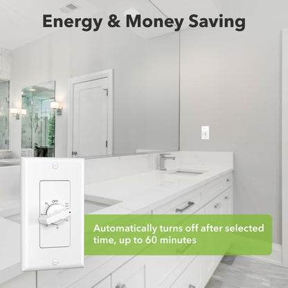 BN-LINK Heavy Duty 60-Minute in-Wall Spring Wound Countdown Timer Switch for Lights, Mechanical Switch Timer for Bathroom Exhaust Fan, No Neutral Wire Required, 2 Wall Plate(White and Silver Metallic)