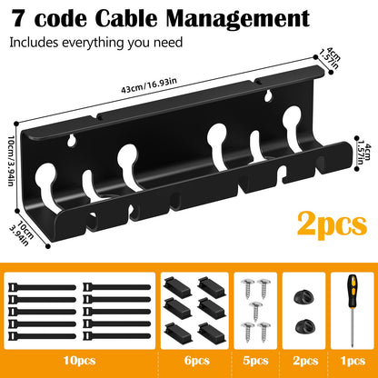 7 code Cable Management Under Desk, Set of 2 Stainless Steel Cable Organizer with Desk Accessories, Under Desk Storage, Cable Ties Cord Organizer, Desk Cable Management Box for Office, Home, Black
