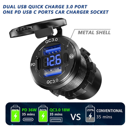 12V USB Outlet, VANONE Aluminum Alloy Dual 36W PD USB C Ports & 18W QC3.0 USB Charging Port 12 Volt Outlet Charger Socket, Accessories for Car Boat Marine Motorcycle RV ATV Truck Golf Cart, etc