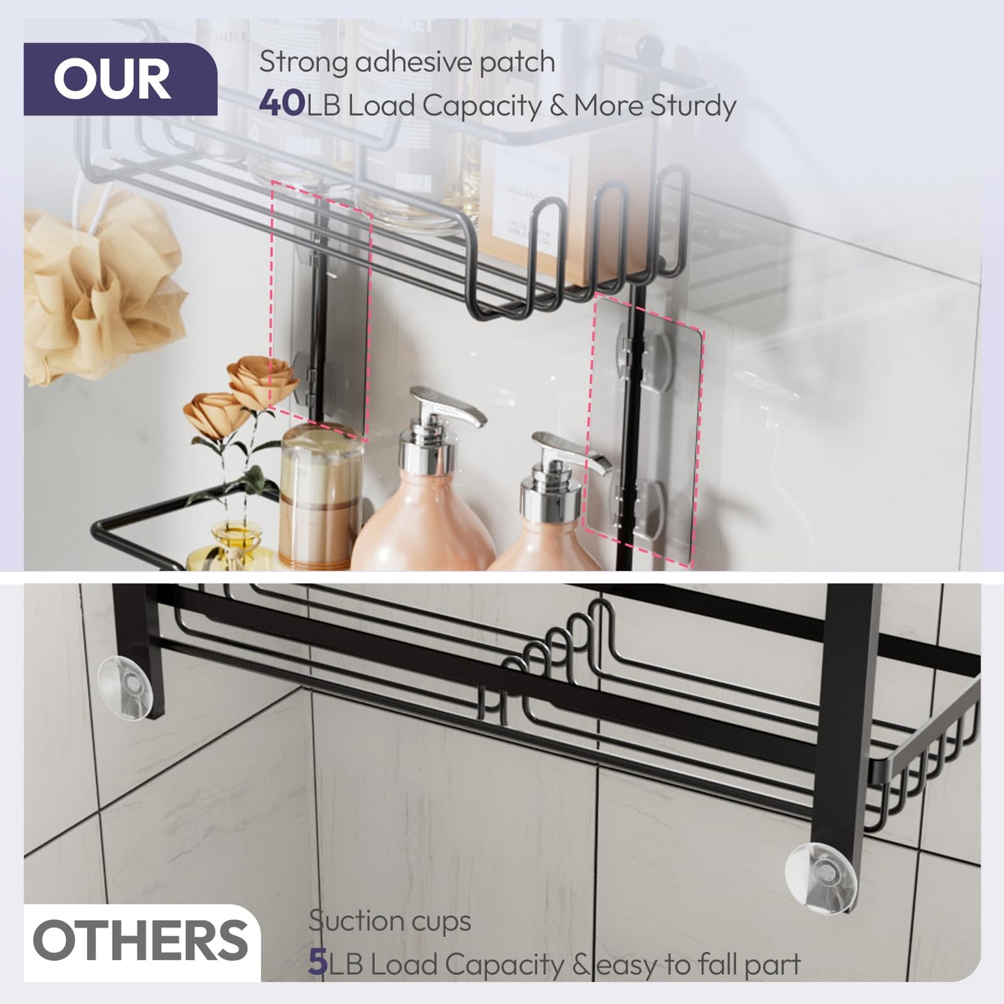 SWTYMIKI Shower Caddy Hanging - Extended Length 3 Tier Rustproof Shower Organizer Hanging, No Drilling Shower Shelves with 16 Hooks & Soap Holder, Anti-Swing Rack, Black