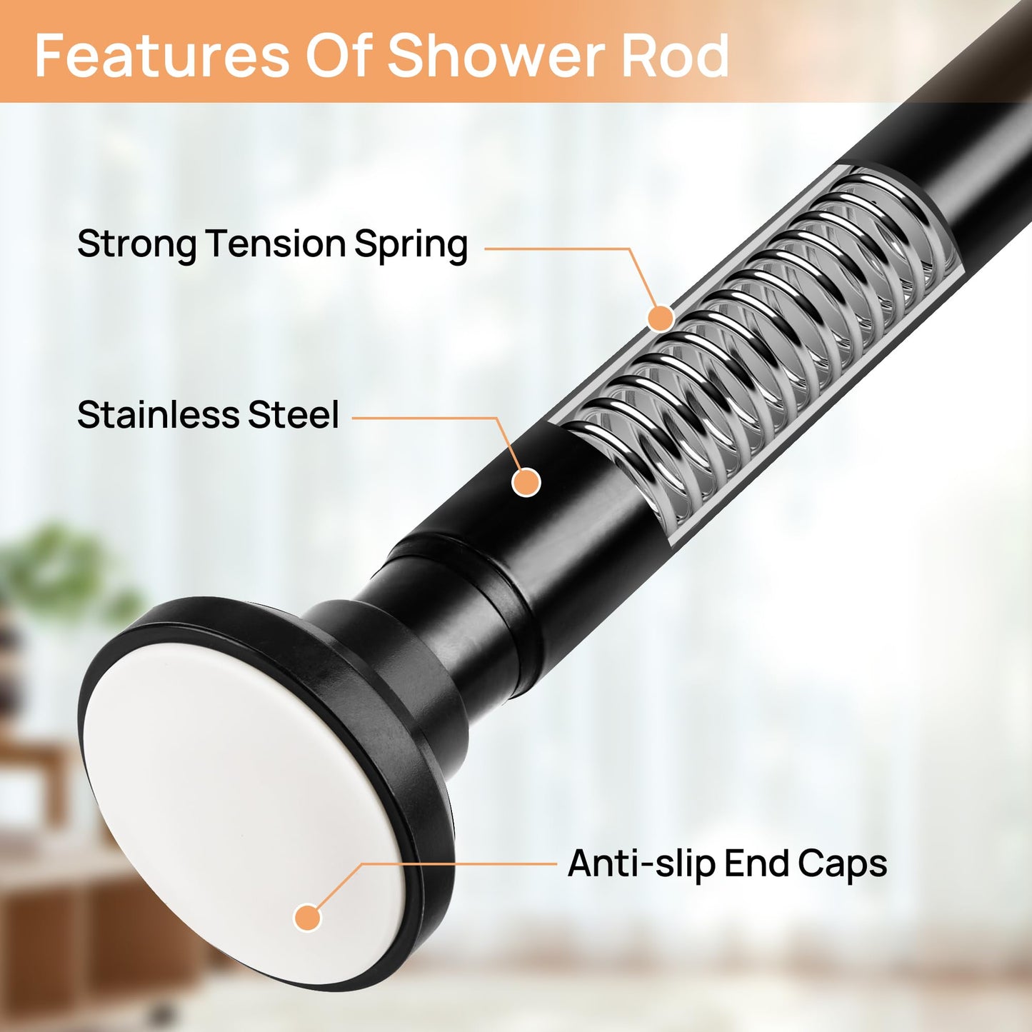 upsimples Matte Black Shower Curtain Rod No Drilling 30 to 76 Inches, 1 Inch Adjustable Spring Stainless Steel Tension Shower Rod No Drill Curtain Pole for Bathroom, Closet, Window