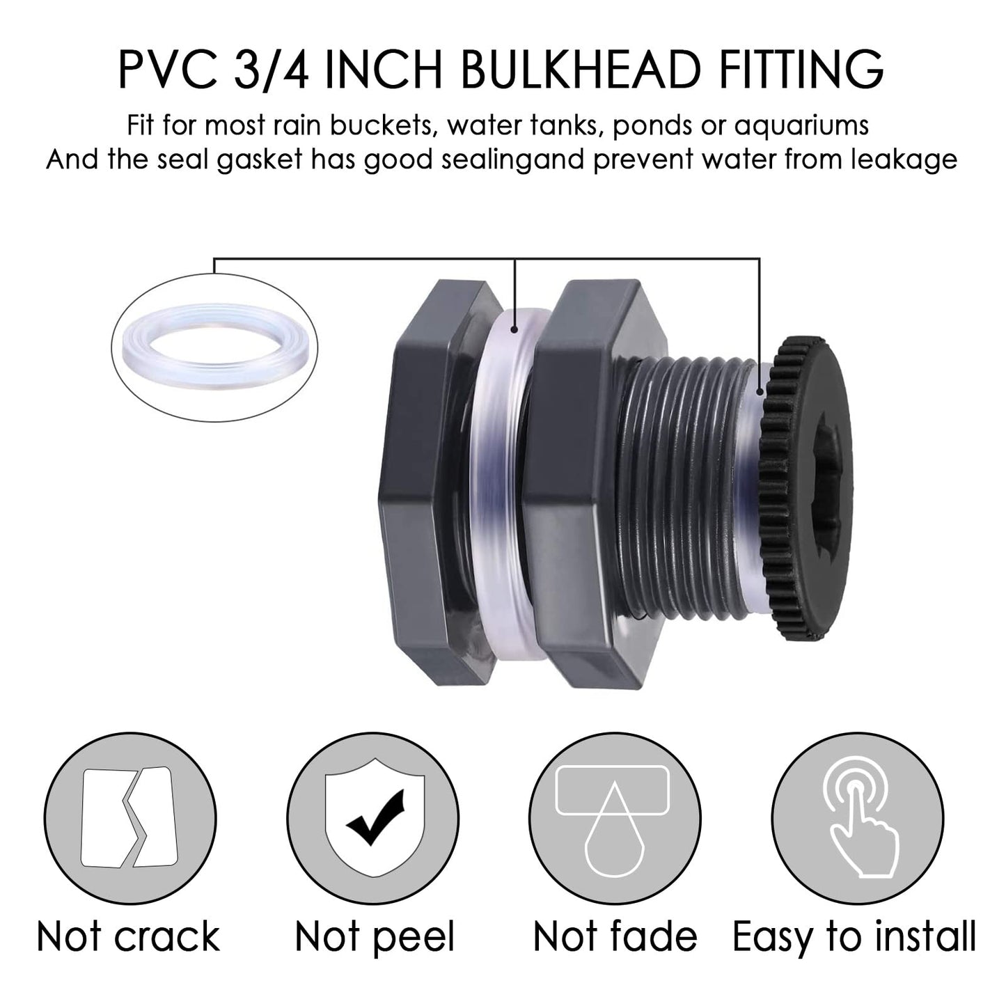 3/4 Inch Female PVC Bulkhead Fitting with Plug and Thick Silicon Seal Gasket, Rain Barrel Connector Kit with Plugs for Rain Barrels, Aquariums, Water Tanks, Tubs, Pools (4 Pack)