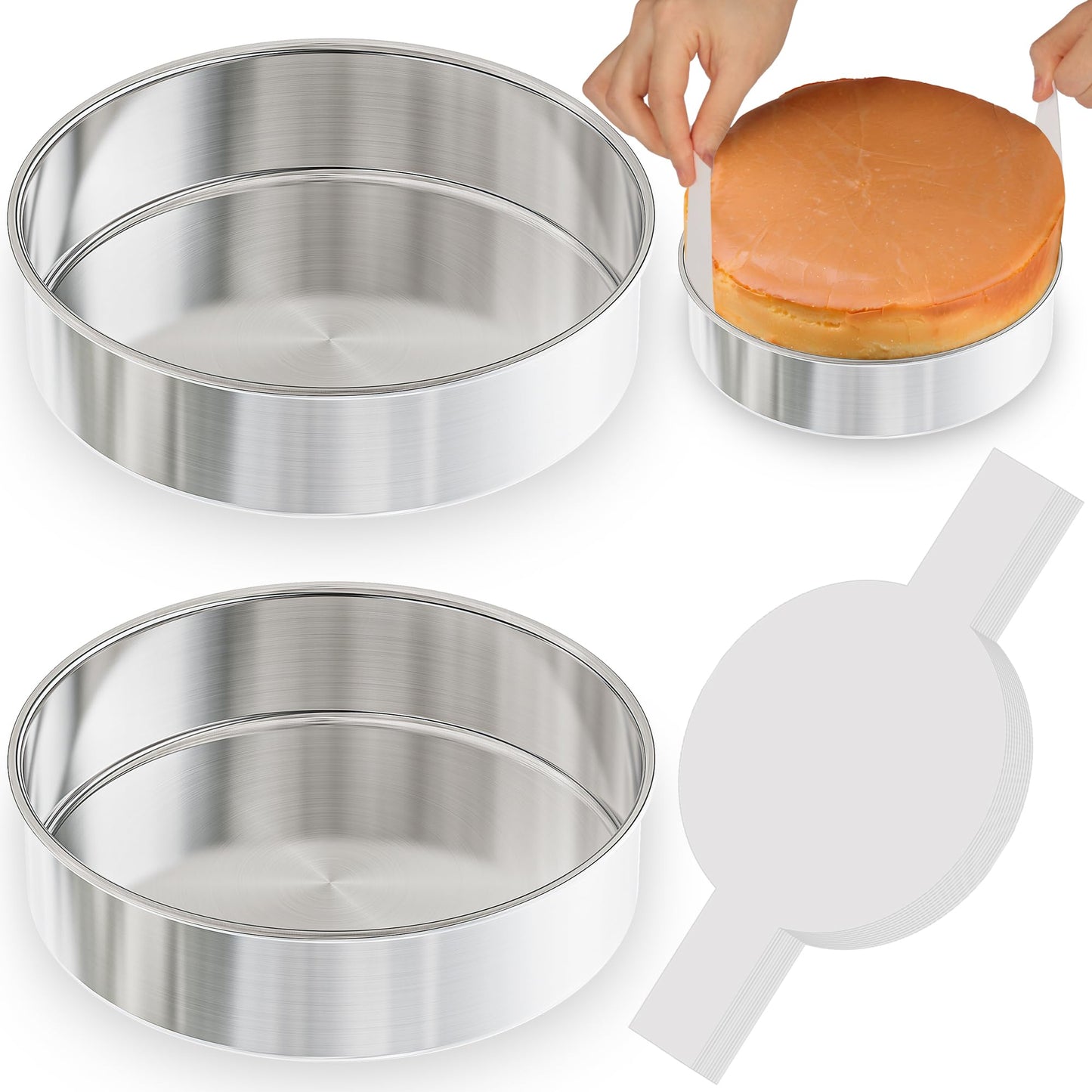 AWTBDP 8 Inch Round Cake Pans Set of 2, Nonstick Stainless Steel Baking Pans Set with 100 Parchment Papers, Durable Birthday Wedding Circle Layer Cake Pans, Cake Pans Sets for Baking, Dishwasher Safe